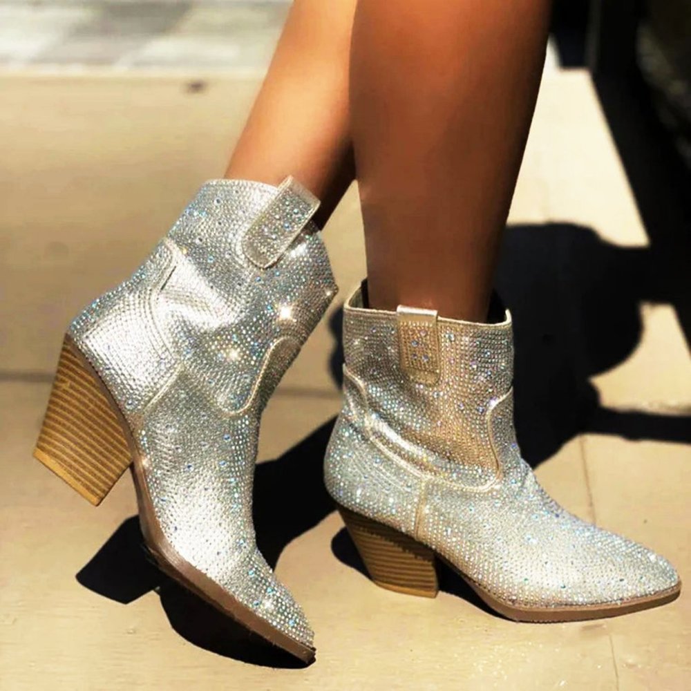 NEW🔥 Champagne Rhinestone Cowboy Cowgirl Western Booties Ankle Boots Block Heel - Picture 1 of 6